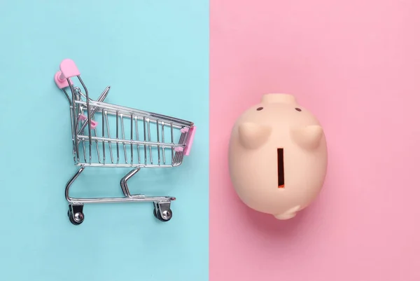 Carrito Alcancía Mini Supermercado Sobre Fondo Pastel Rosa Azulado Rodaje —  Fotos de Stock