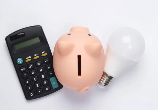 Piggy Bank Led Lamp Rekenmachine Witte Achtergrond Energiebesparing Minimalistische Studio — Stockfoto