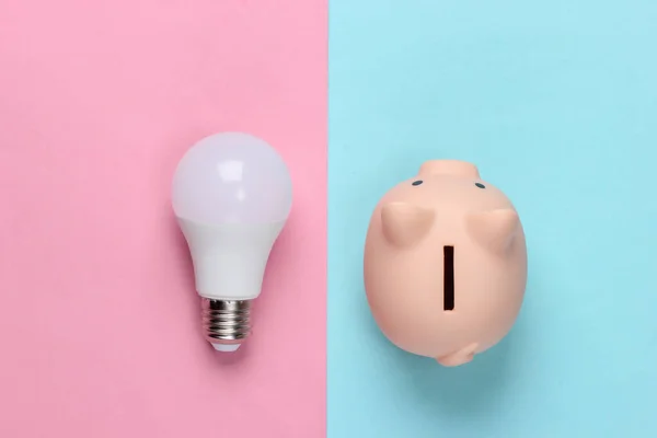 Sparschwein Und Led Glühbirne Auf Blauem Rosa Pastellhintergrund Energiesparen Minimalistische — Stockfoto