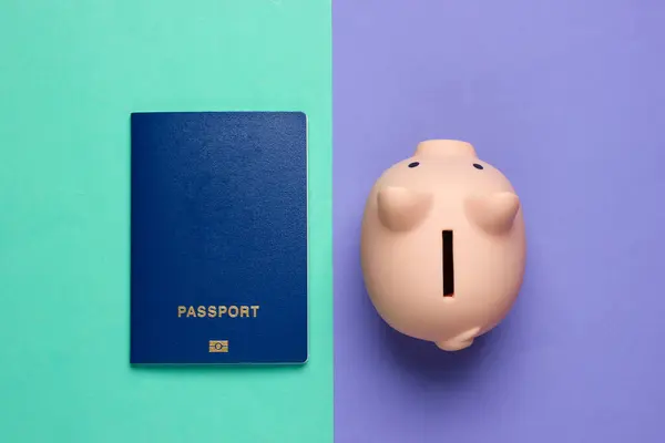 Risparmia Viaggiare Emigrare Salvadanaio Con Passaporto Sfondo Blu Viola Vista — Foto Stock