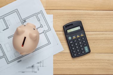 Domuzcuk kumbarası, planlı, ahşap tahta döşemeli. Bina fikri. Ev inşaatı masraflı. Üst görünüm