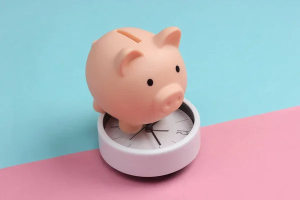 Time Invest White Clock Piggy Bank Blue Pink Background — Stock Photo, Image