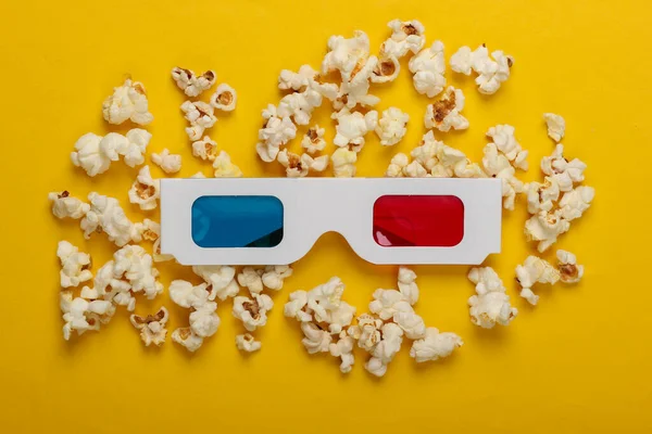 Hora Del Cine Anaglifo Estereoscópico Vasos Papel Desechable Con Palomitas — Foto de Stock