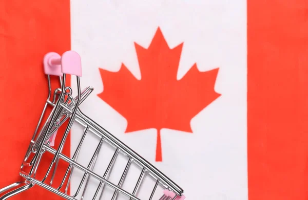 Mini Carrello Del Supermercato Sullo Sfondo Sfocato Della Bandiera Canadese — Foto Stock