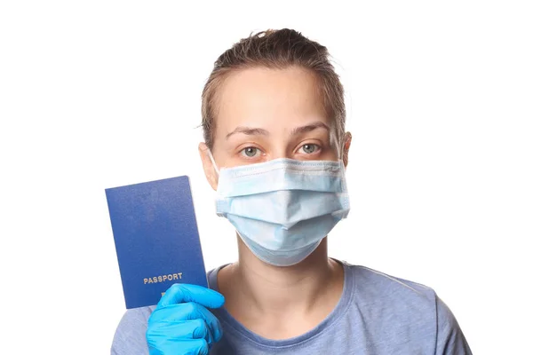 Concetto Turistico Durante Pandemia Covid Passaporto Comunitario Donna Maschera Medica — Foto Stock