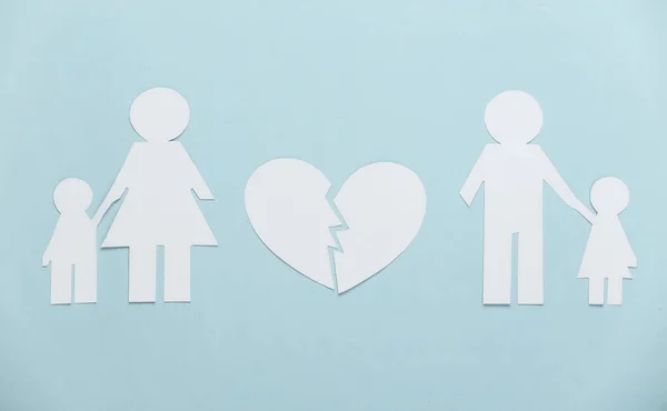 Broken Family Divorce Split Paper Family Broken Heart Blue Background — Stock Photo, Image