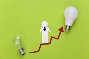 Kariyer ve sosyal büyüme kavramı, modernleşme. Elinde ampulle yükselen bir okun üstünde kağıt adam. Yeşil arkaplan.