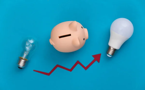 The concept of modernization of power consumption. Eco, save the energy and money. Old and modern light bulb with growth arrow, piggy bank on  blue background