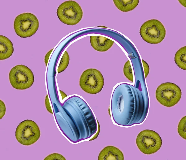 Zine style, pop art design. Creative collage with headphones and kiwi fruit