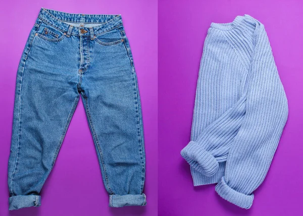 女式牛仔裤和紫色背景的毛衣 顶部视图 最低限度主义 — 图库照片