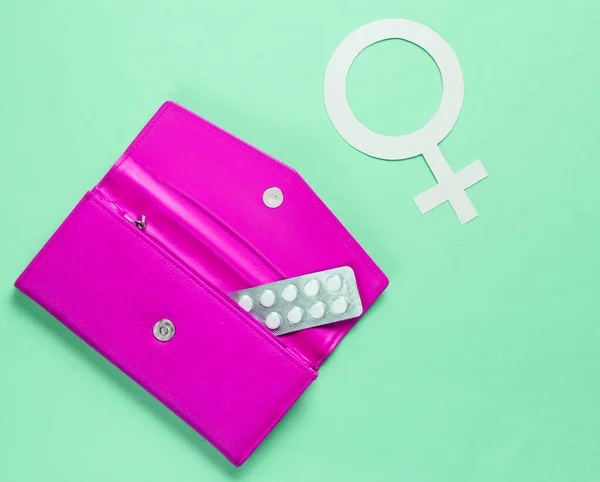 Υγεία Των Γυναικών Γυναικείο Σύμβολο Φύλου Χάπια Ροζ Τσάντα Πράσινο — Φωτογραφία Αρχείου