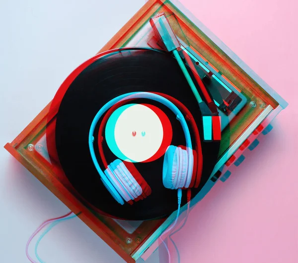 Retro Vinyl Skivspelare Hörlurar Pastell Bakgrund Högst Upp Retrostil Glitch — Stockfoto