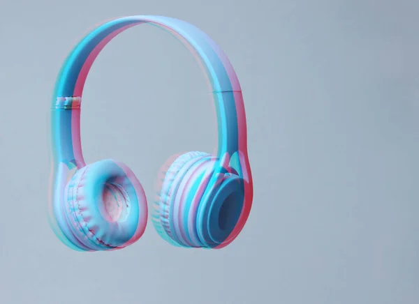 Surround Photo Blue Wireless Headphones Gray Background Glitch Effect — Stock Photo, Image