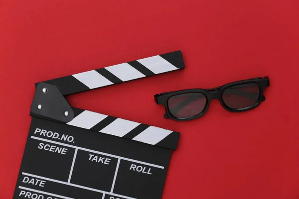 Film Clapper Board Glasses Red Background Cinema Industry Entertainment Top — Stock Photo, Image