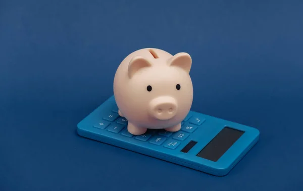 Piggy Banco Com Calculadora Fundo Azul Clássico — Fotografia de Stock