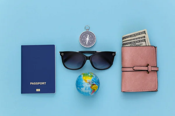 Travel Flat Lay Travel Accessories Blue Background Minimal Style Top — Stock Photo, Image