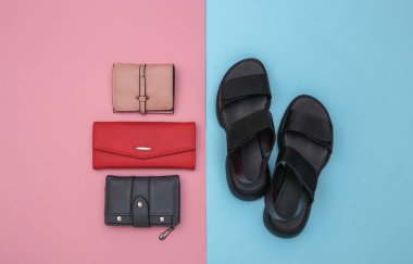 Pembe mavi arka planda kadın deri sandaletleri ve cüzdanlar. Kadın aksesuarları. Üst Manzara. Düz yatıyordu