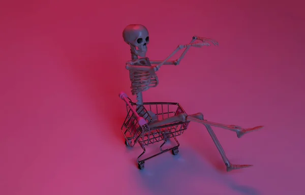 Scary Skeleton Shopping Trolley Pink Blue Gradient Neon Light — Stock Photo, Image