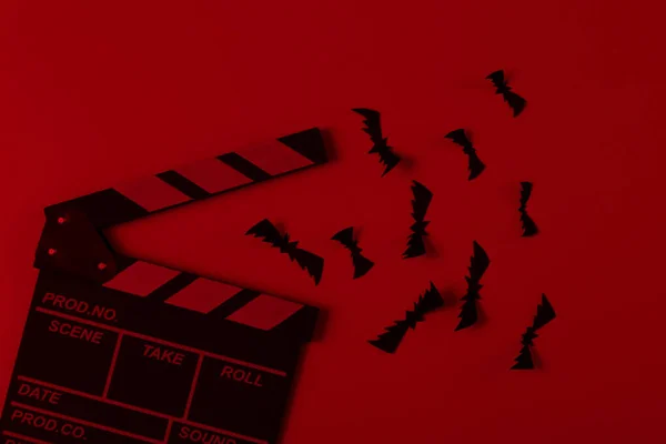 Movie Clapperboard Paper Cut Bats Dark Red Light Halloween Scary — Stock Photo, Image