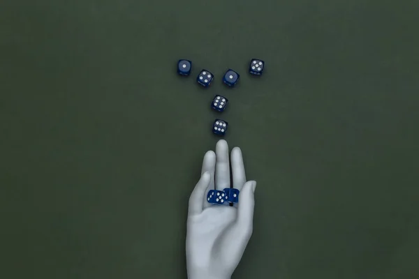 Dice White Mannequin Hand Green Background Top View — Stock Photo, Image