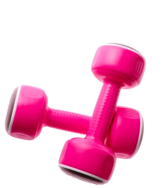 Two Plastic Pink Dumbbells Isolated White Background Sports Concept — Stock Photo, Image
