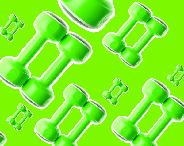 Fundo Criativo Muitos Plástico Verde Dumbbells Pop Arte Estilo Zine — Fotografia de Stock