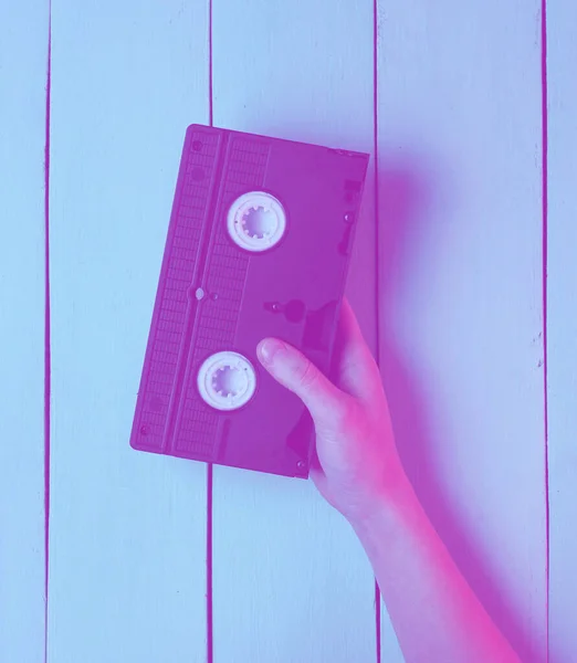 Pop Culture Retrowave Nightlife Leisure Hand Holds Video Cassette Blue — Stock Photo, Image