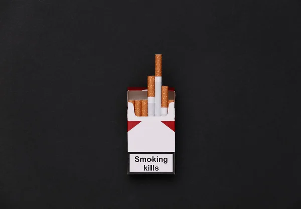 Balíček Cigaret Černém Pozadí Kouření Zabíjí Horní Pohled — Stock fotografie