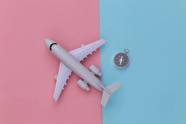 Minimalism Travel Flat Lay Compass Air Plane Blue Pink Pastel — Stock Photo, Image