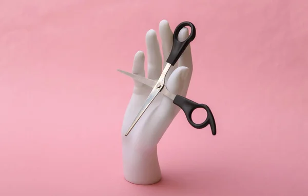 Mannequin Hand Holding Hair Scissors Pink Background Minimalism Beauty Concept — Stock Photo, Image