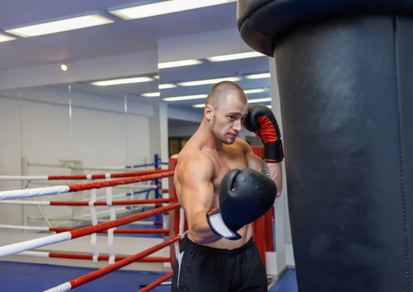 Homem Muscular Com Tronco Luvas Boxe Boxe Saco Perfuração — Fotografia de Stock