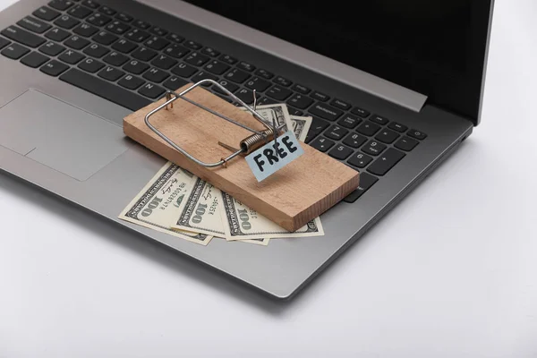 Mousetrap with free bait and dollar bills on laptop keyboard. Trap, money scam, Internet fraud