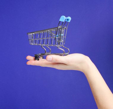 Mor arka planda mini oyuncak metal alışveriş arabası. Teslimat konsepti