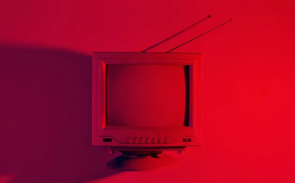 Onde Rétro Années Vieille Télévision Avec Antenne Avec Néon Rouge — Photo