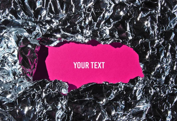 Torn Frame Crumpled Foil Pink Space Infirmation Copy Space — Stock Photo, Image