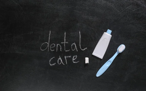 Dental Care Supplies Words Dental Care Chalk Hand Drawn Blackboard — Stock Photo, Image