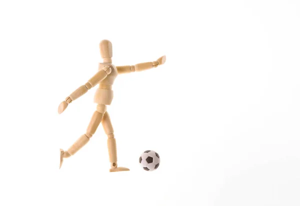Wooden Puppet Dummy Playing Soccer Isolated White Background — Stock Photo, Image
