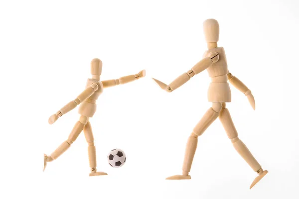 Wooden Puppets Dummy Playing Soccer Isolated White Background — Stock Photo, Image