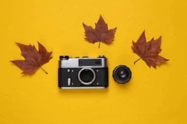 Sarı arka planda mercekli ve düşmüş yapraklı klasik kamera. Üst görünüm