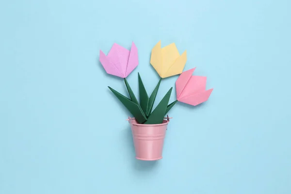 Origami Tulip Flowers Bucket Blue Background — Stock Photo, Image