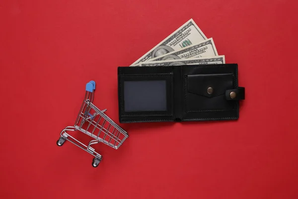 Läderplånbok Med Hundra Dollarsedlar Och Kundvagn Röd Bakgrund Affärsidé — Stockfoto