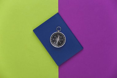 Pusula ve pasaport mor yeşil arka planda. Üst Manzara. Minimalizm seyahat konsepti. Düz yatıyordu