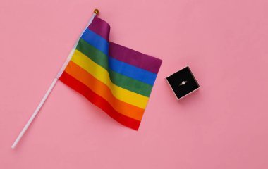 LGBT düğünü. LGBT gökkuşağı bayrağı ve pembe arka plandaki kutuda halka. Hoşgörü, özgürlük