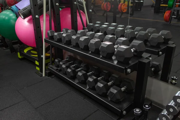 Bodybuilding, free weight equipment. Rack with dumbbells and fitness accessories in a modern gym. Functional training