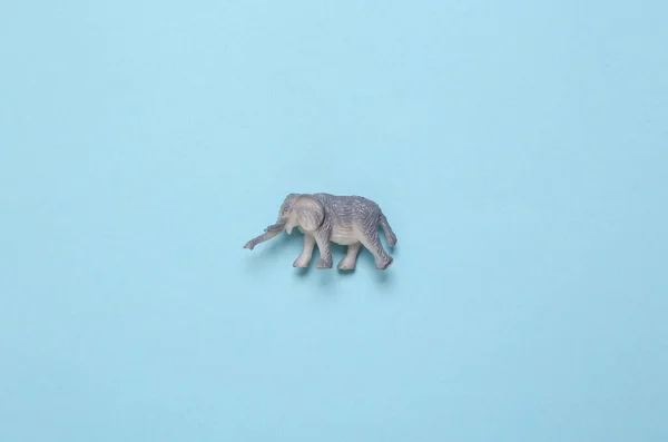 Elephant figurine on blue pastel background. Top view