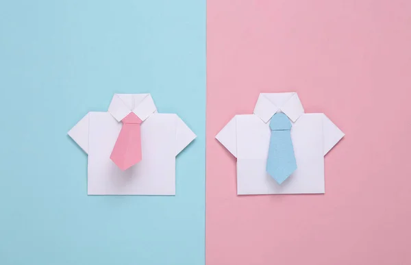 Camicie Origami Con Cravatte Sfondo Blu Rosa Pastello Leadership Lavoro — Foto Stock