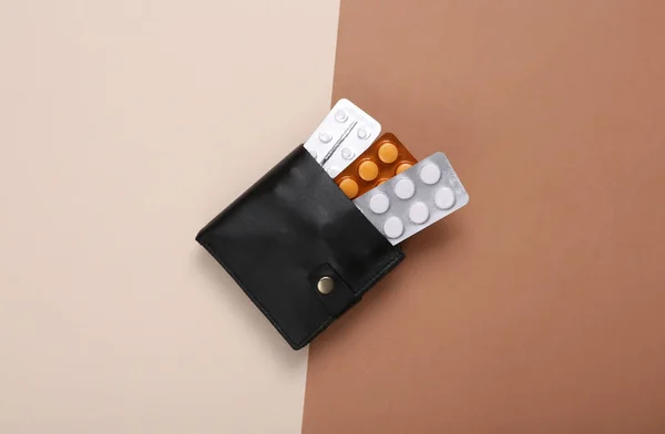 Wallet Blister Pills Brown Beige Background — Stock Photo, Image