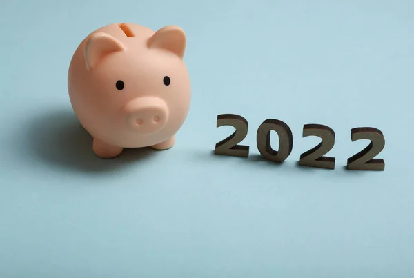 2022 ve Piggy Bank mavi arka planda. Ekonomi, yeni yıl kompozisyonu. Yılın bütçesi.