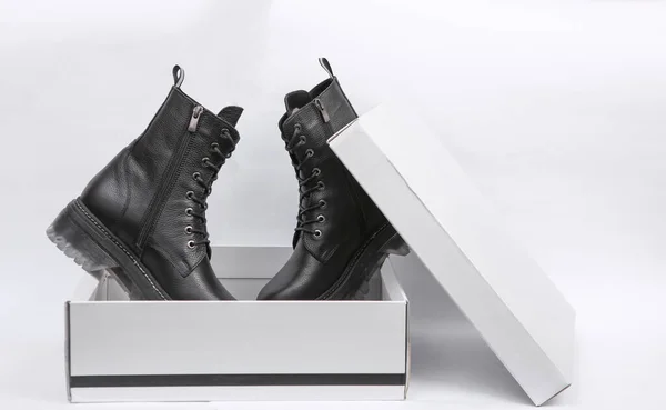 New Fashionable Stylish Leather Female Boots Box White Background — Stock Photo, Image