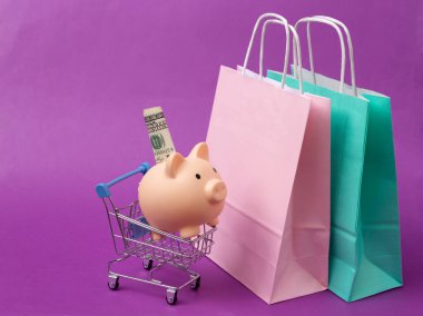 Kağıt alışveriş poşetleri ve mor arka planda domuz kumbarası olan alışveriş arabası..